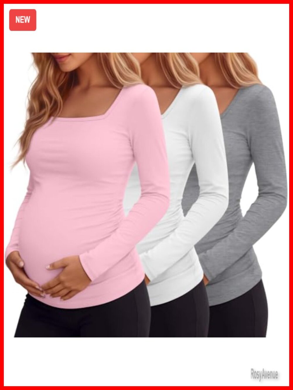 3 Pack Womens Maternity Long Sleeve Shirts Square Neck Side Ruched Breastfeeding